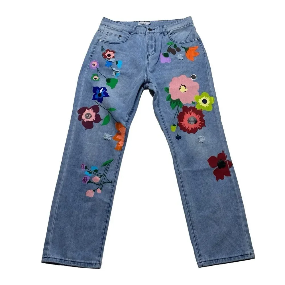 MISSLOOK Flower Power Bohemian Painted Jeans Floral Hippie Blue Sz XL - Picture 10 of 10